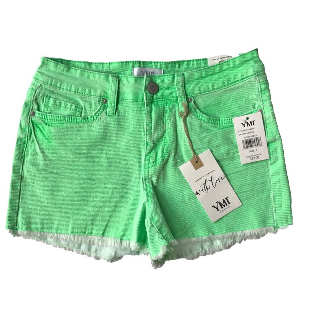 YMI SZ 5 Mid-Rise Denim Frayed Cut-Off 3" Women's Shorts in Lime Green NEW